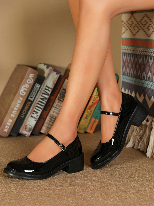 Women Chunky Heeled Mary Jane Pumps, Elegant Black Pumps