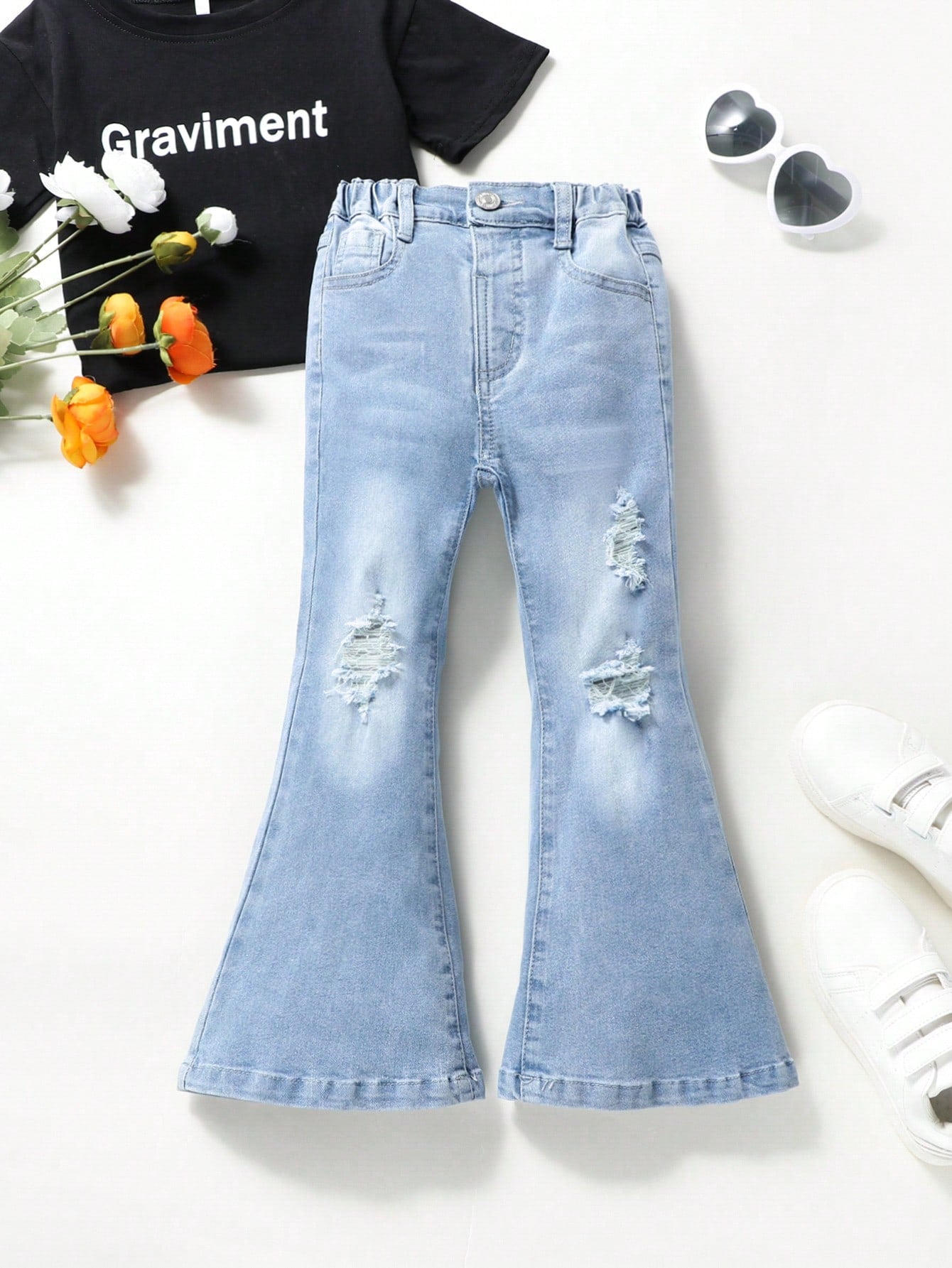 Young Girl Y2K Street Boho Western Cat Whisker Ripped Fully Elastic Waist Flare Jeans