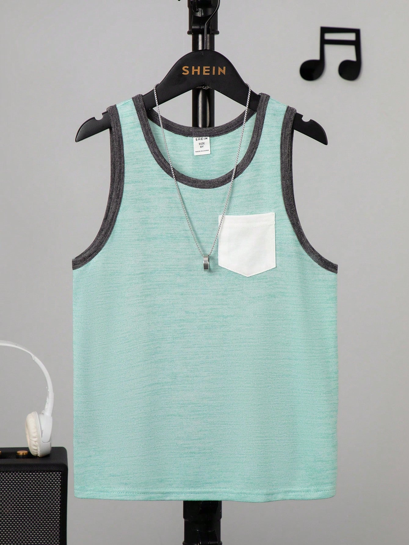 Tween Boy Contrast Binding Pocket Patched Tank Top