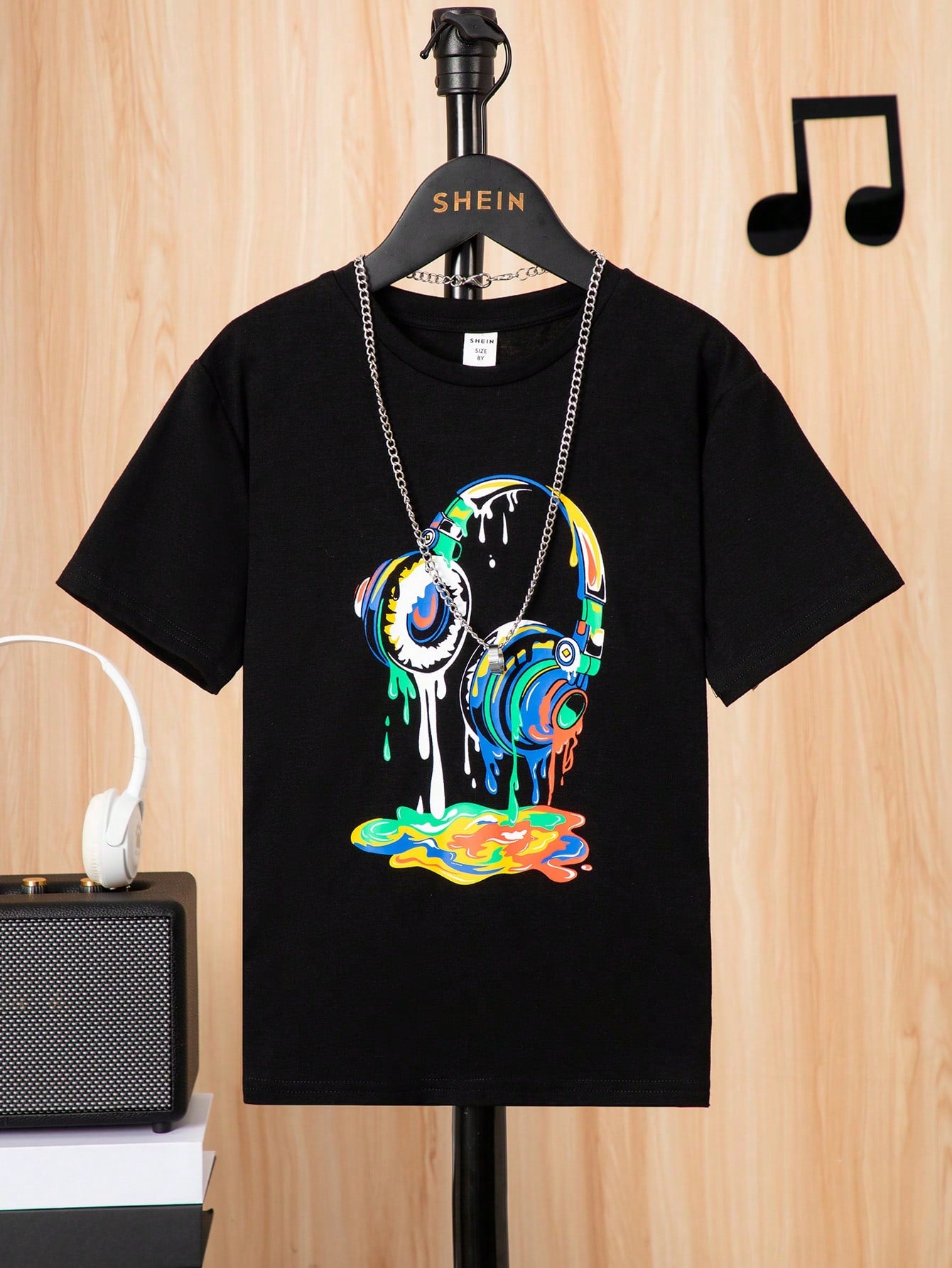 Tween Boys' Vacation-Style Headphone Printed Round Neck Short Sleeve Pullover Knit T-Shirt