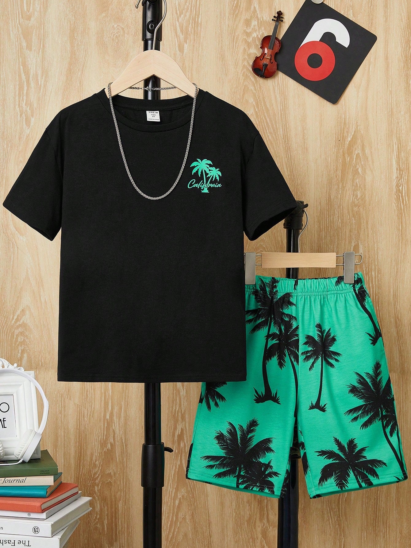 Tween Boys' Coconut Tree Printed Round Neck Short Sleeve T-Shirt And Knitted Shorts Set For Holiday