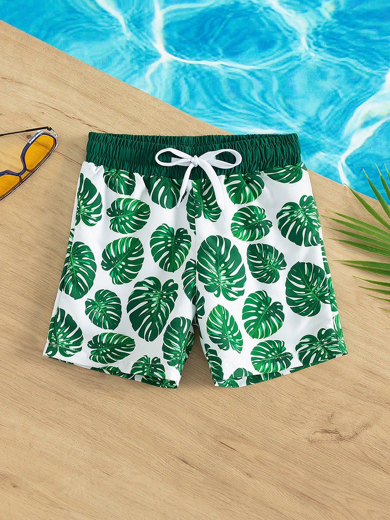 Young Boy 1pc Tropical Print Drawstring Waist Swim Shorts