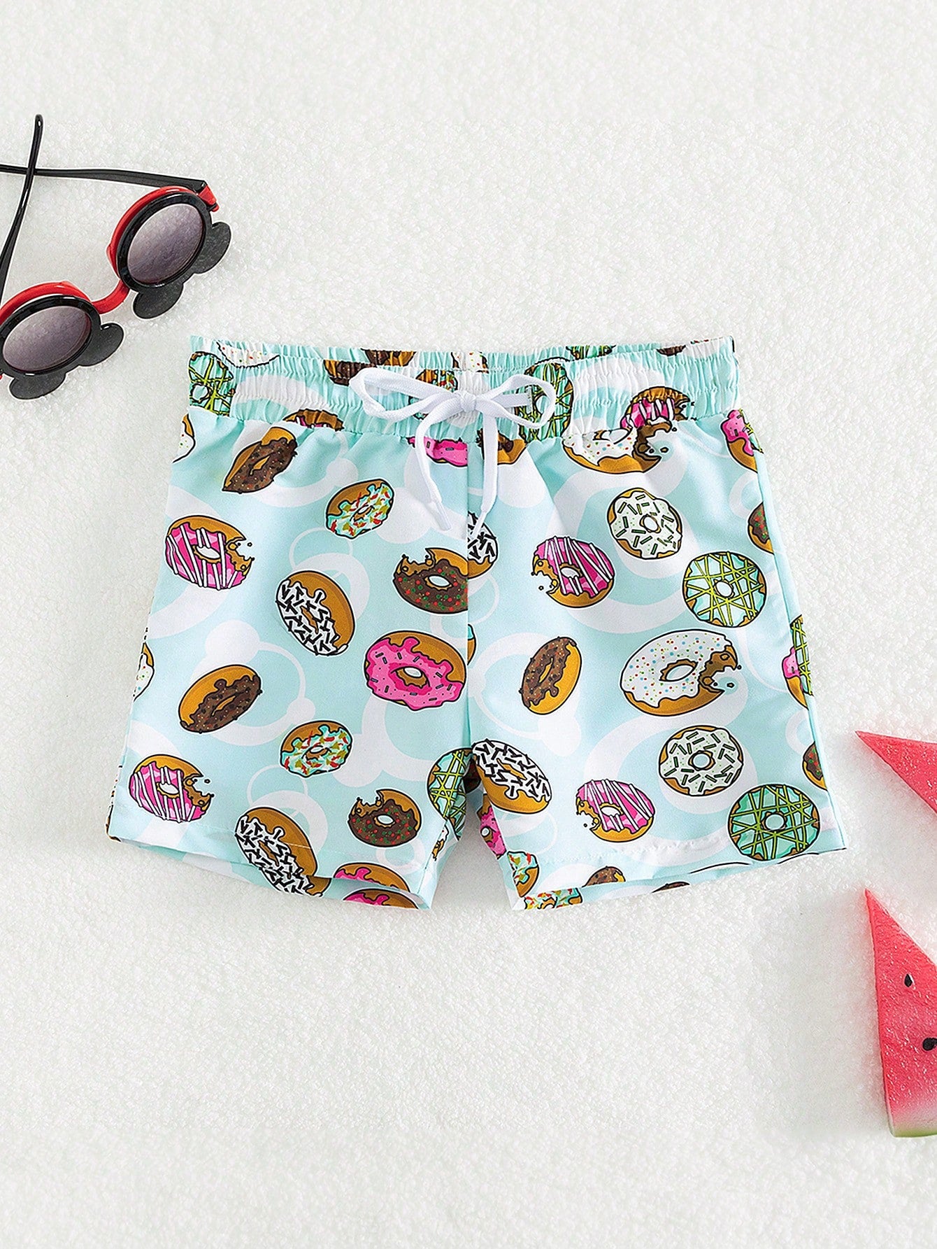 Young Boy 1pc Donut Print Drawstring Waist Swim Shorts