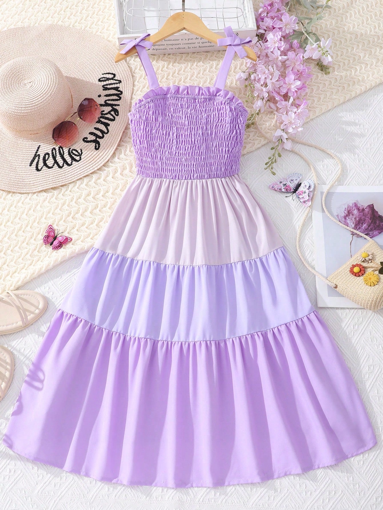 Tween Girl Colorblock Bow Shoulder Ruffle Hem Cami Dress