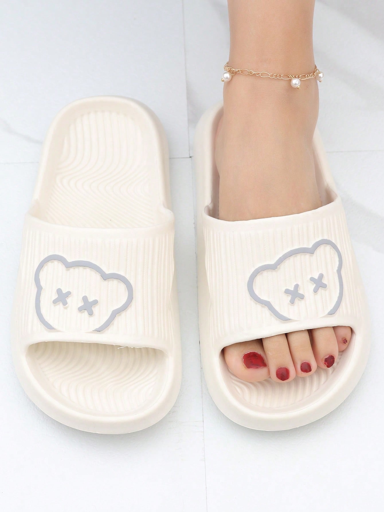 Women Cartoon Bear Pattern Open Toe Slides, Fashionable Cute Summer Black Slippers