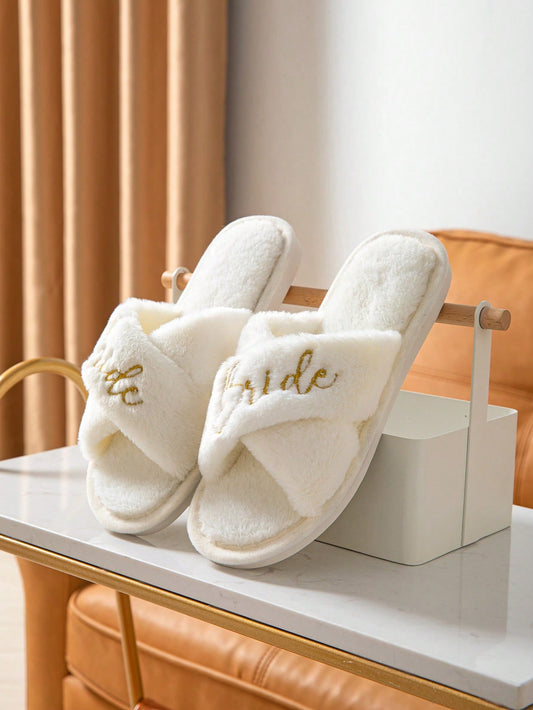 Women Letter Embroidered Fuzzy Bedroom Slippers, Fashion Indoor Home Slippers