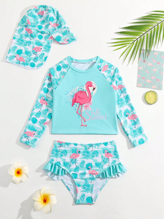 Young Girl Flamingo Print Ruffle Hem Tankini & Hat Summer Beach