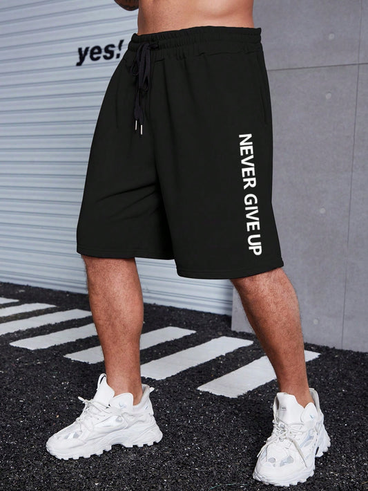 Men Plus Slogan Graphic Drawstring Waist Shorts Pattern Letter Size