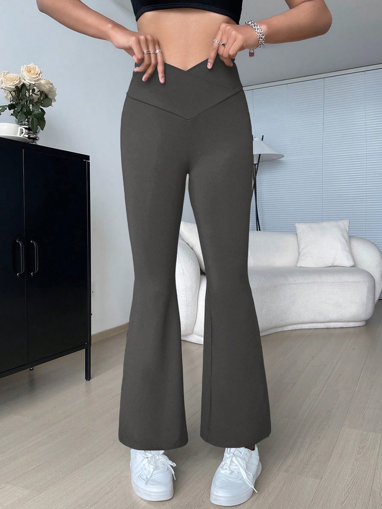 Overlap Waist Flare Leg Pants