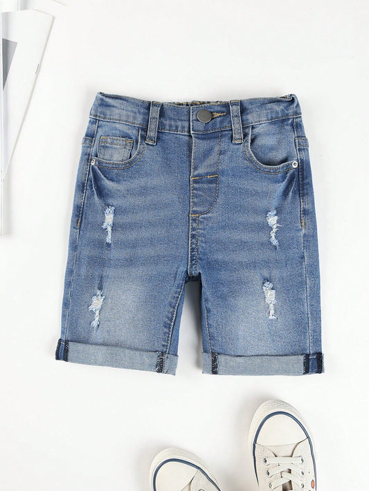 Young Boy Casual Outdoor Sports Personality Summer Elastic Roll-Up Denim Shorts