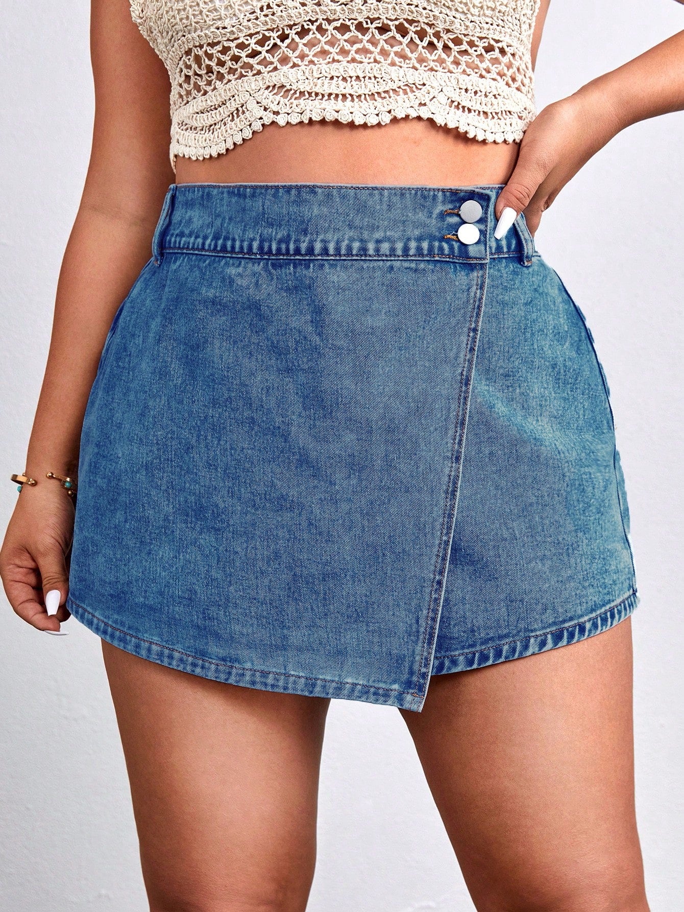 Plus Wrap Button Side Denim Shorts