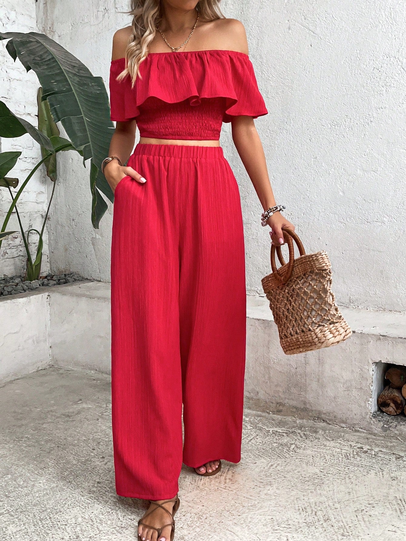 Women's Off-Shoulder Ruffle Trim Top And Wide Leg Pants Two Piece Set