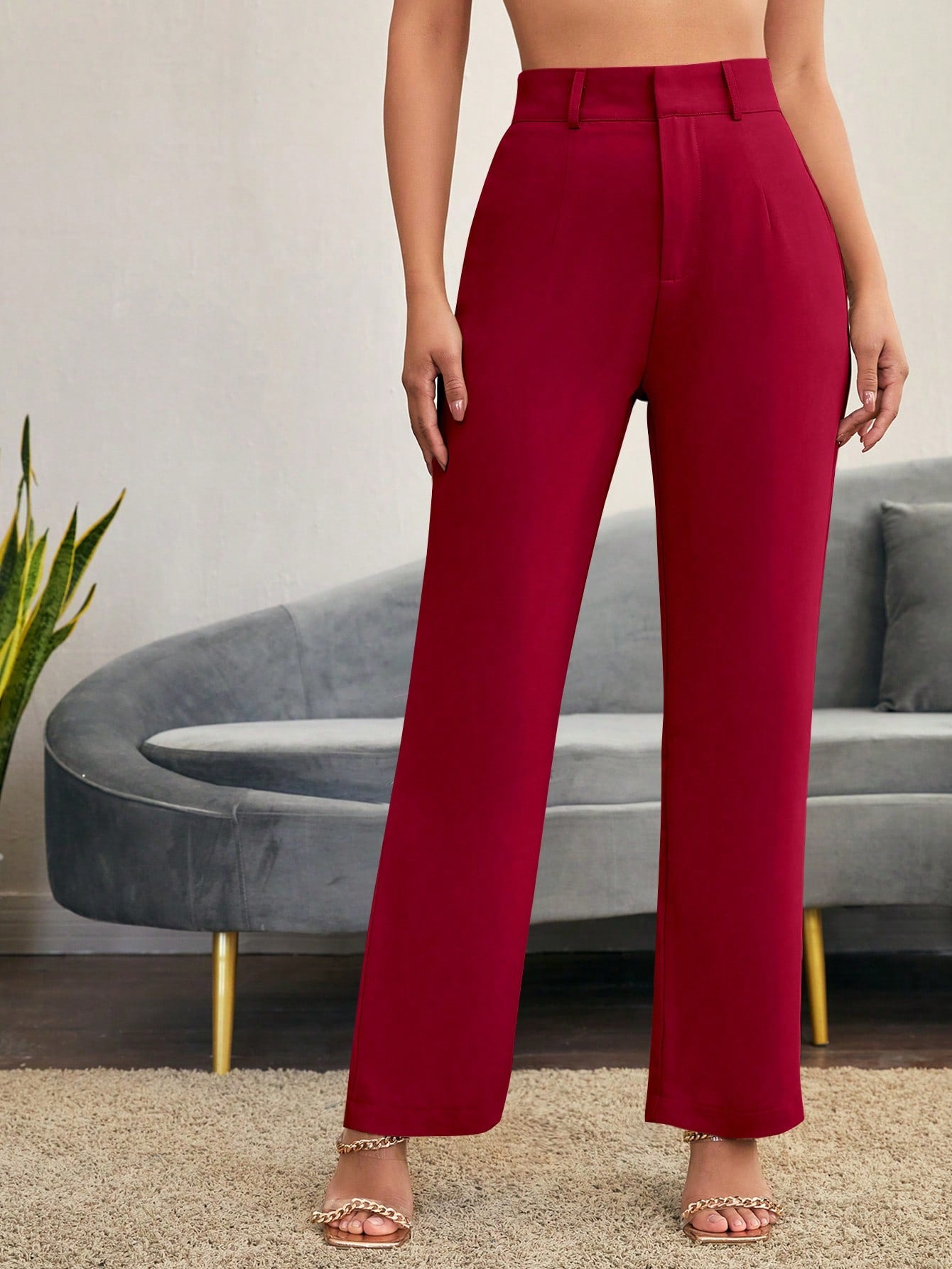 Solid High Rise Tailored Pants