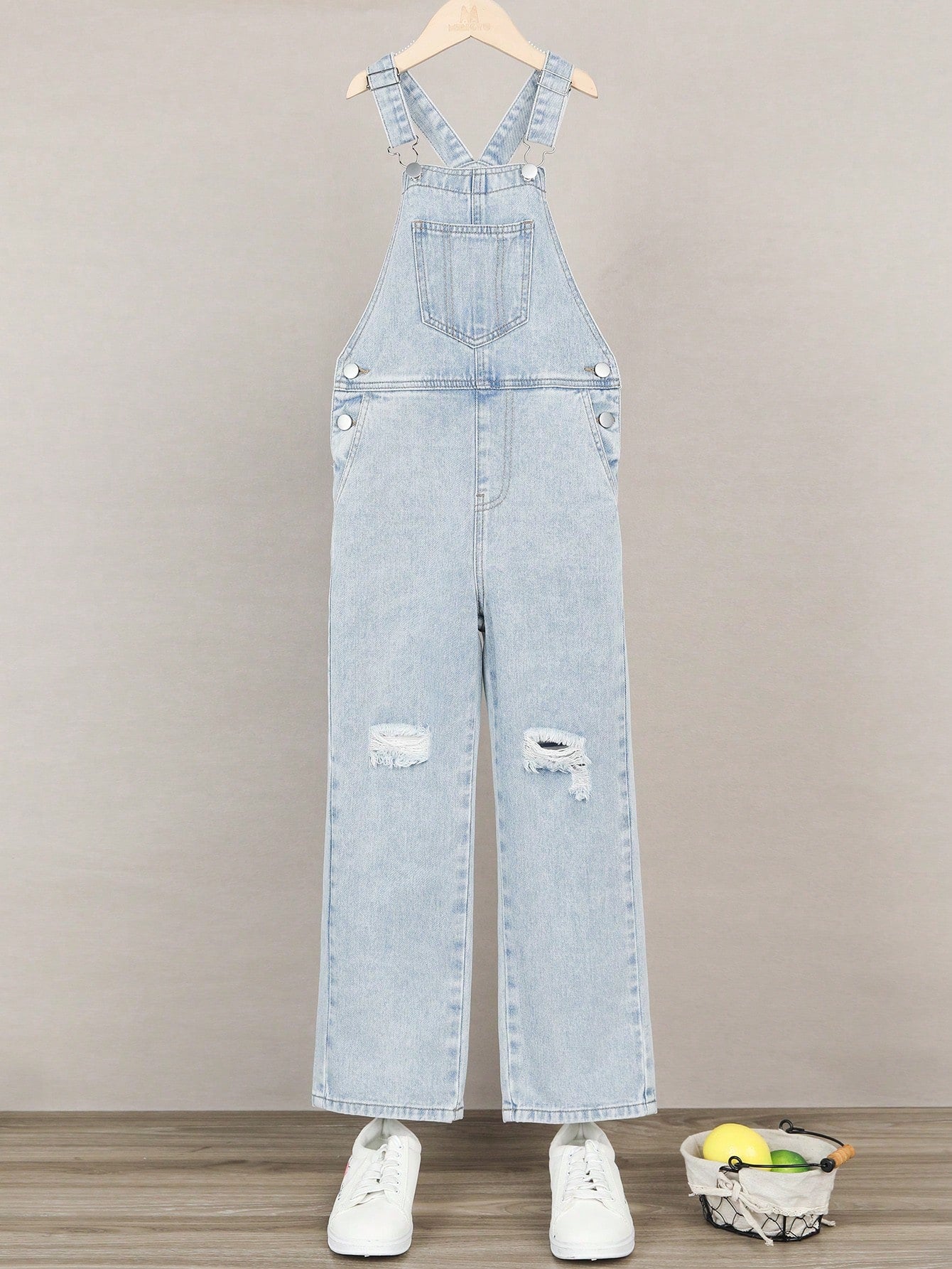 Tween Girl Ripped Slant Pocket Denim Overalls