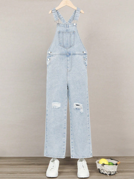 Tween Girl Ripped Slant Pocket Denim Overalls