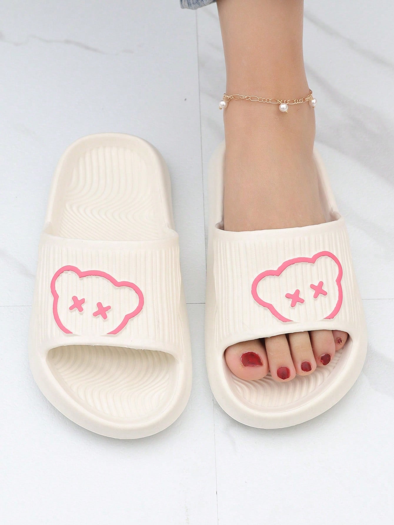 Fashionable Slides For Women, Cartoon Bear Pattern Single Band Indoor EVA Slippers