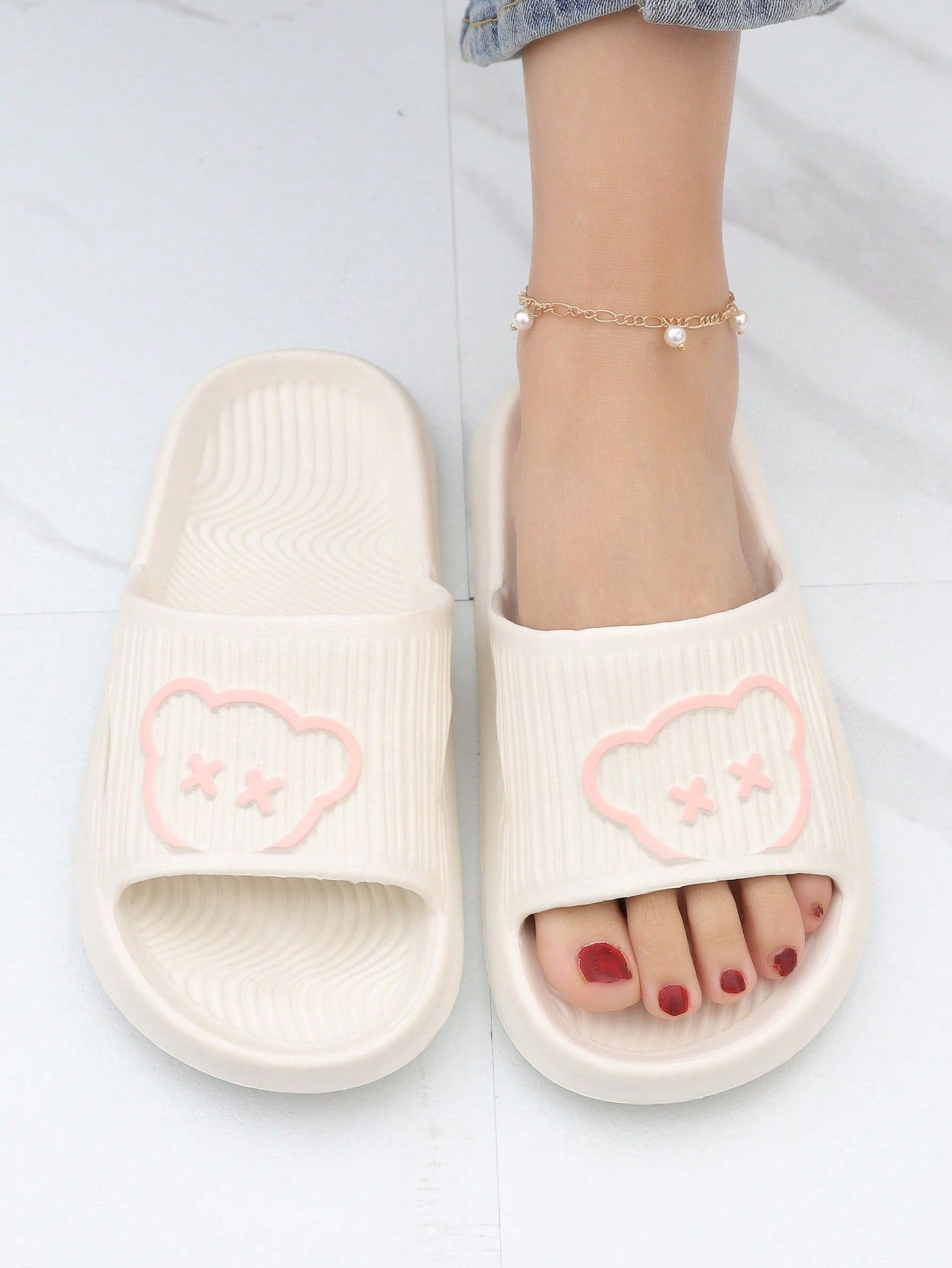 Fashionable Slides For Women, Cartoon Bear Pattern Single Band Indoor EVA Slippers