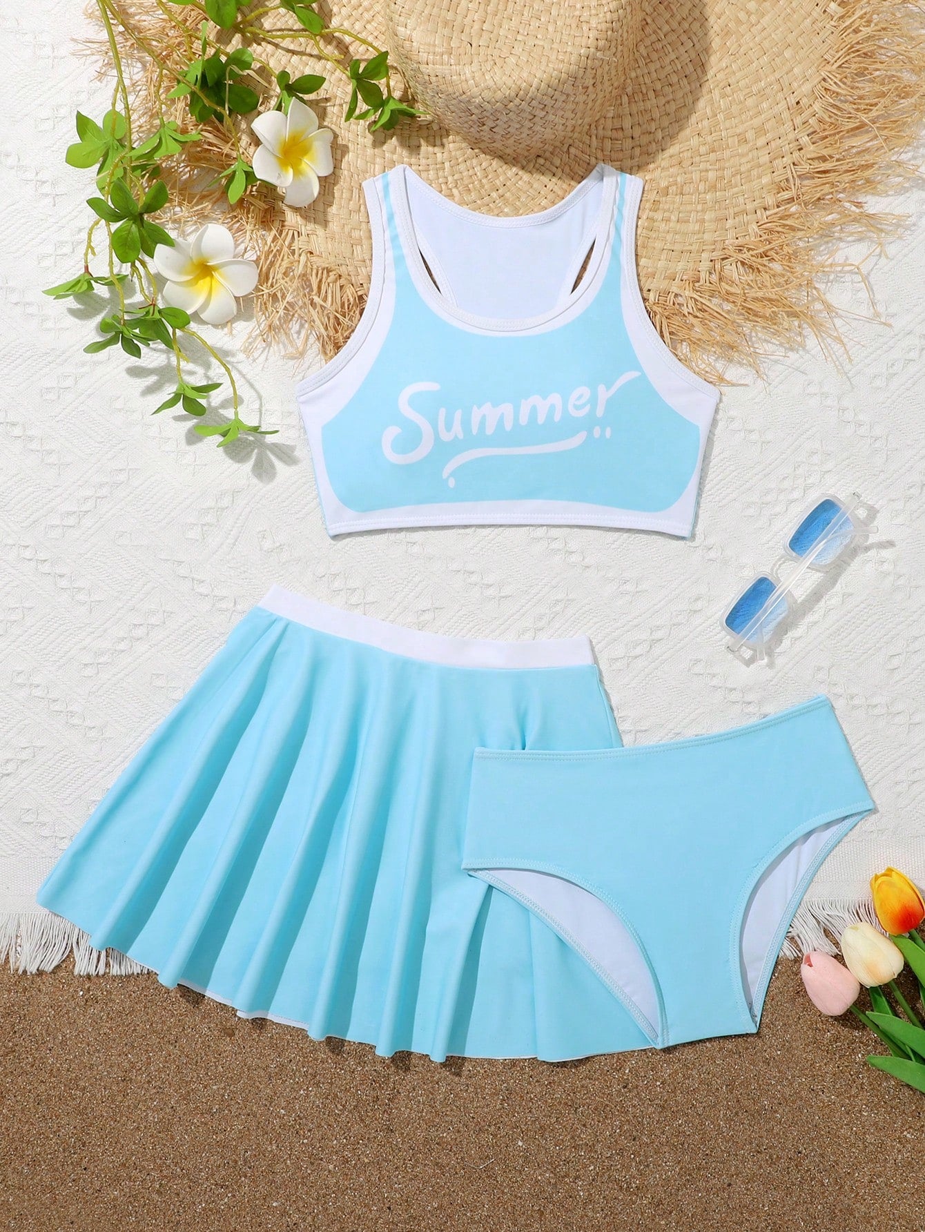 Tween Girl Letter Graphic Contrast Binding Bikini Set With Beach Skirt Summer Beach