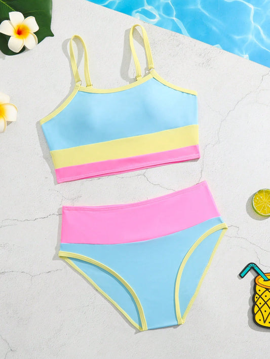 Tween Girl Color Block Bikini Set Summer Beach