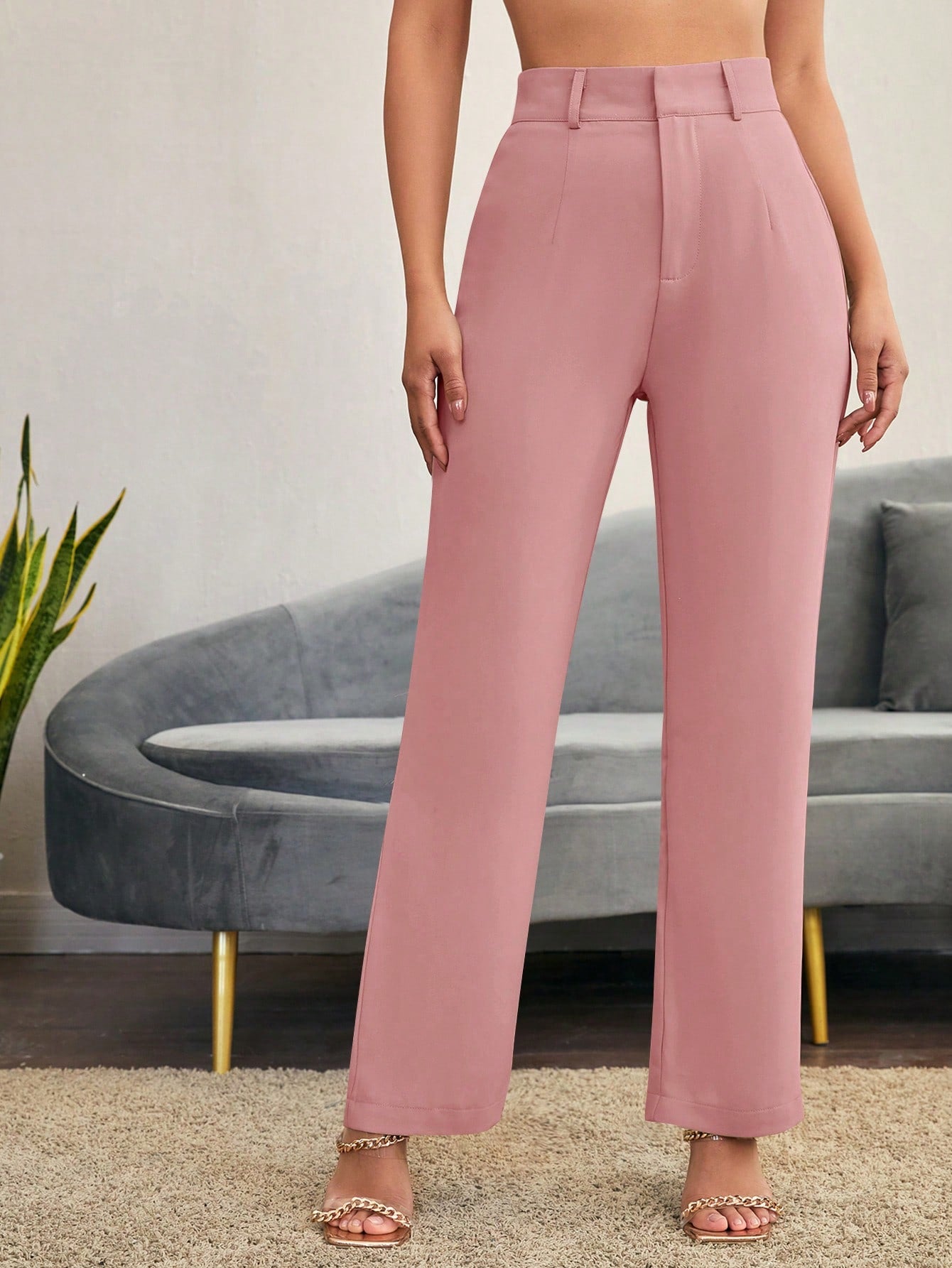 Solid High Rise Tailored Pants