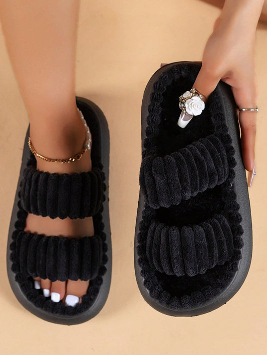 Women Double Strap Home Slippers, Fashion Black Bedroom Slippers