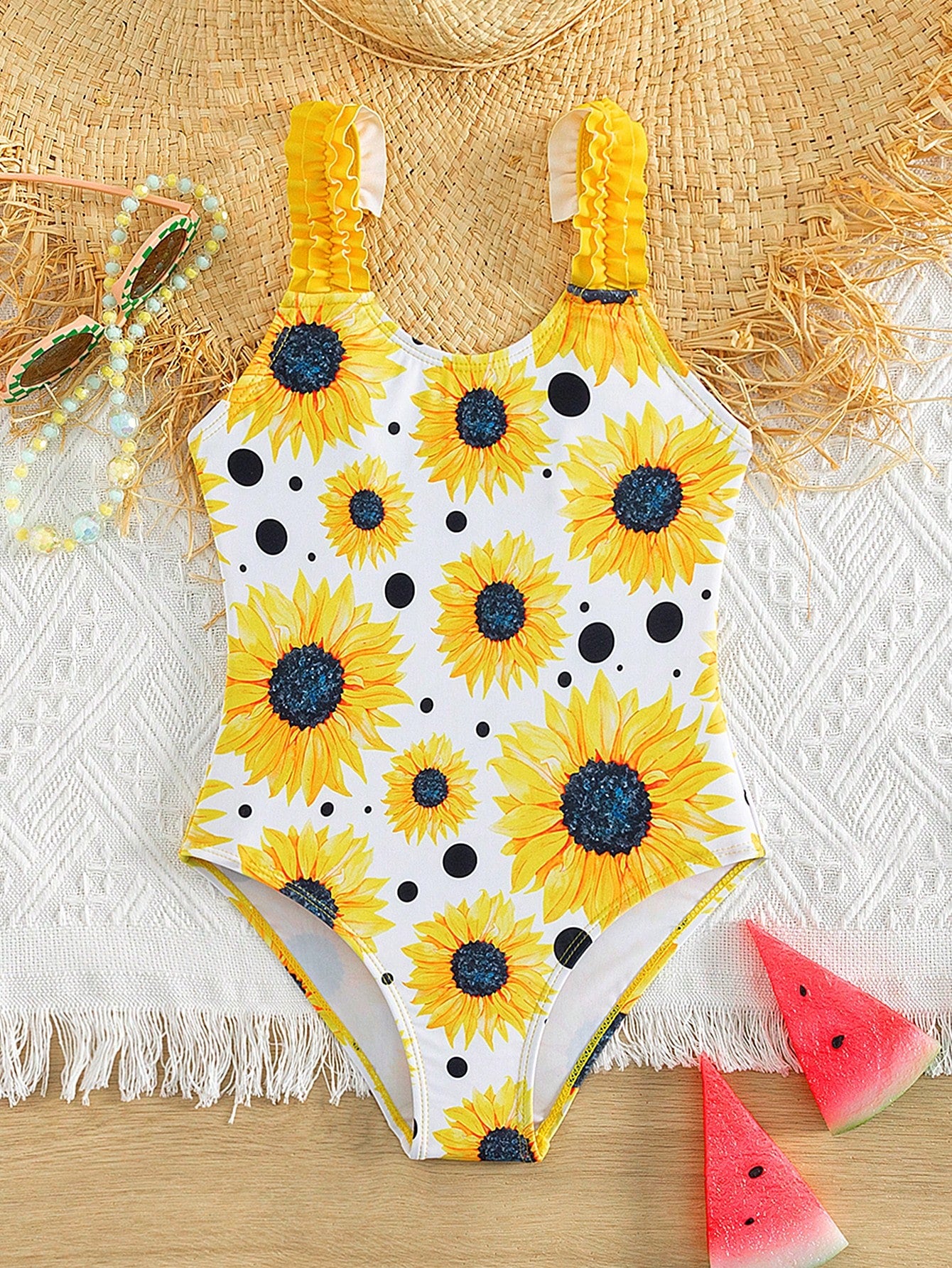 Young Girl Sunflower Print Frill Trim One Piece Swimsuit