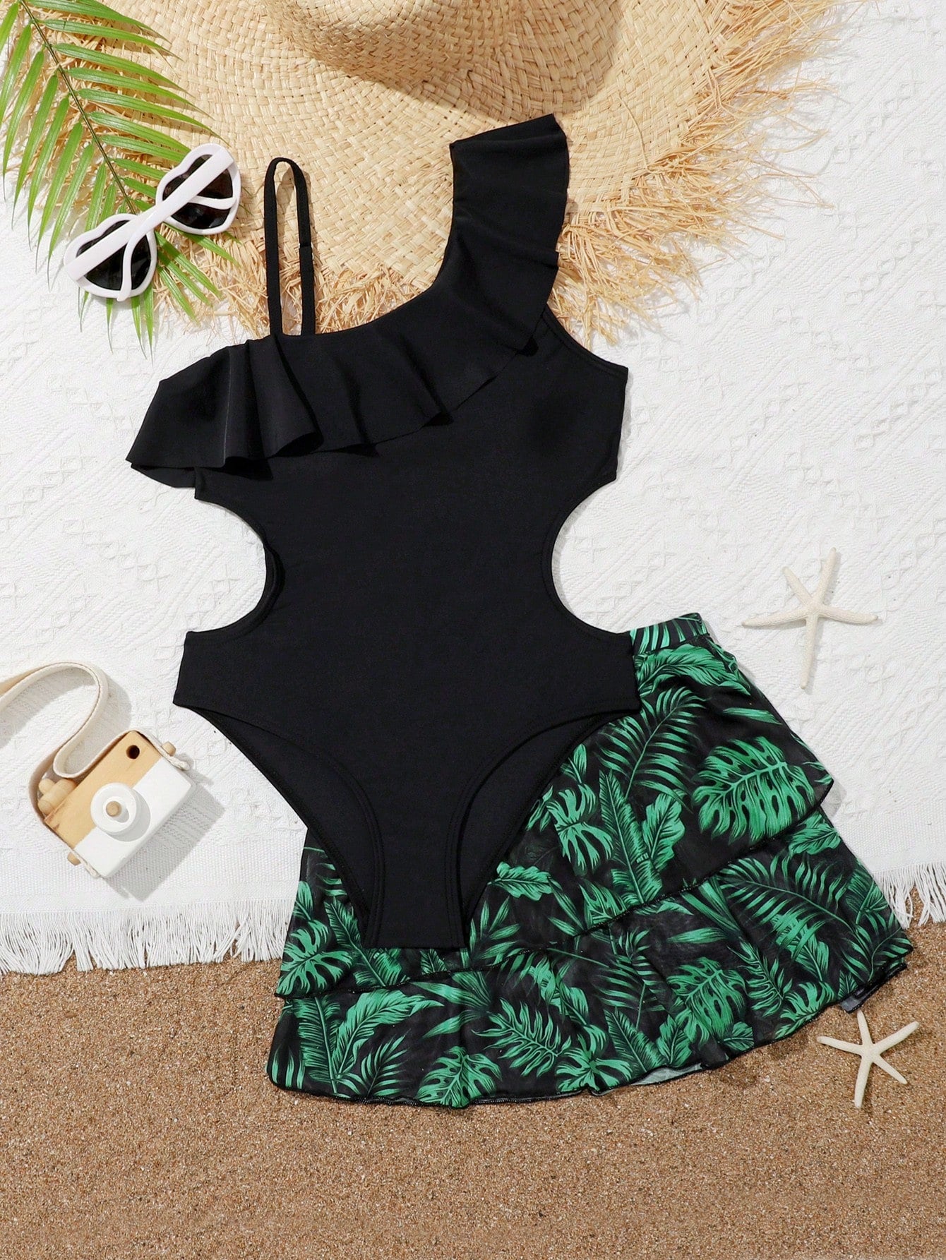 Tween Girl Ruffle Trim One Piece Swimsuit With Tropical Print Beach Skirt