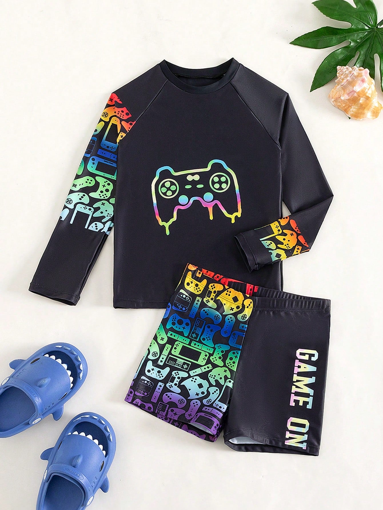 Tween Boy Gamepad & Letter Graphic Raglan Sleeve Beach Swimsuit