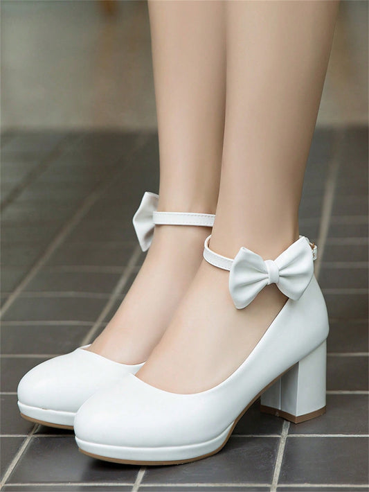 Elegant Ankle Strap Pumps For Women, Bow Decor Chunky Heeled Pumps