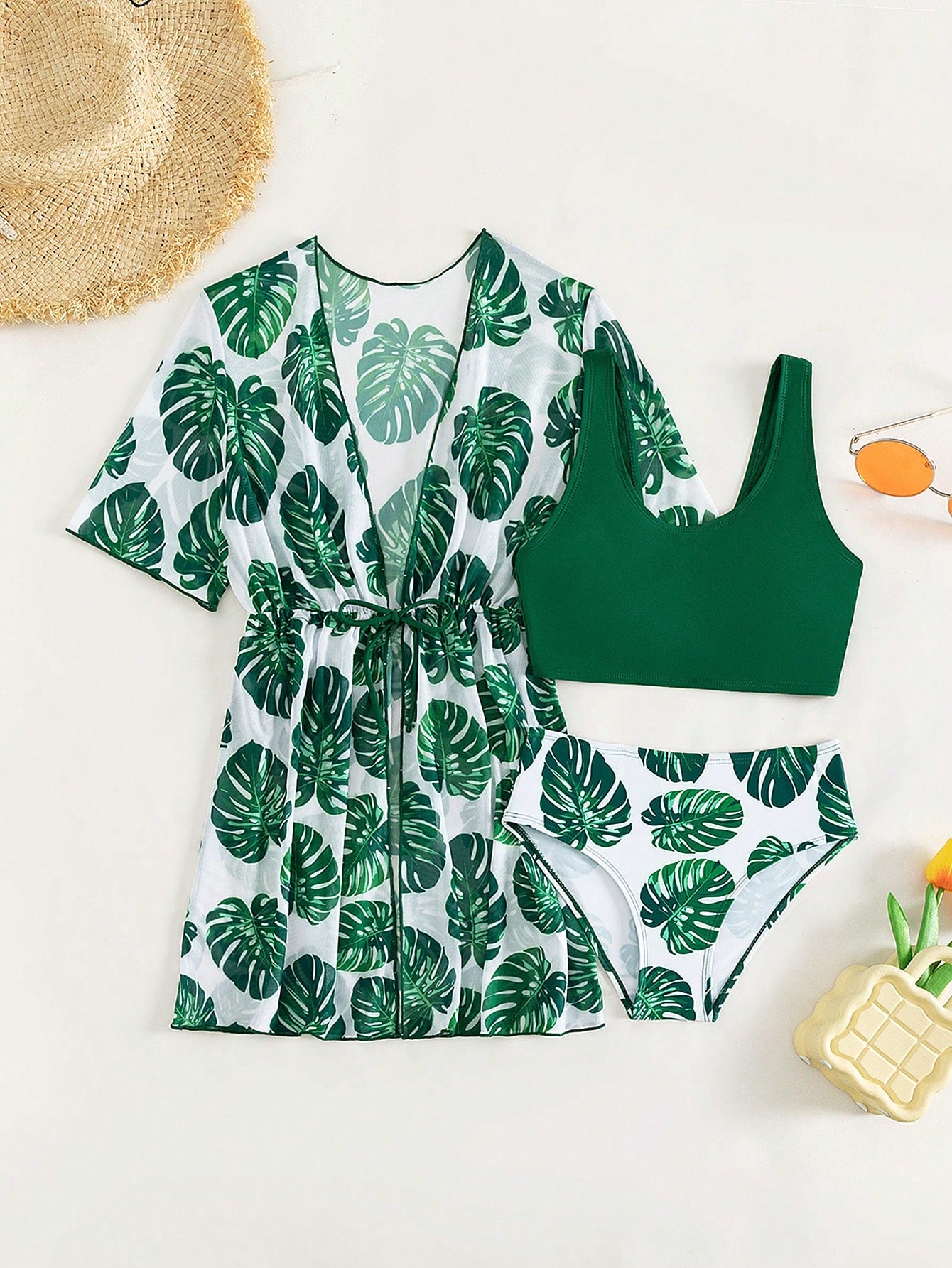 Tween Girl Tropical Print Bikini Set With Kimono Summer Beach