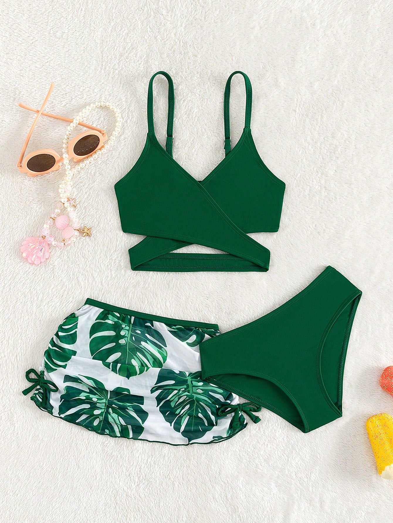 Young Girl Vacation Solid Color Cross Bikini Set With Tropical Plant Print Cover Up Skirt