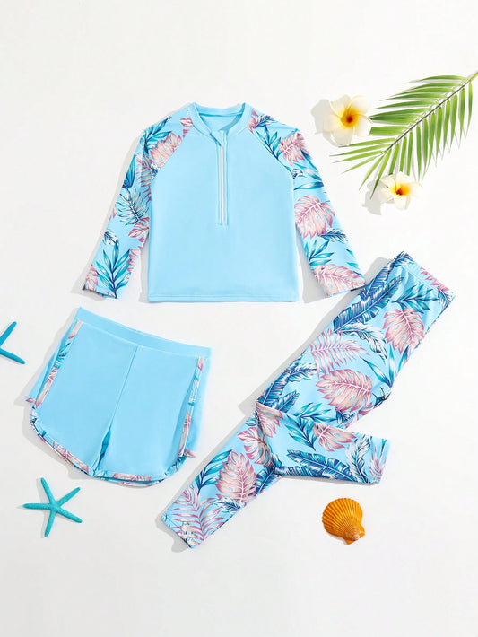 Young Girl Tropical Print Raglan Sleeve Tankini & Swim Pants Summer Beach