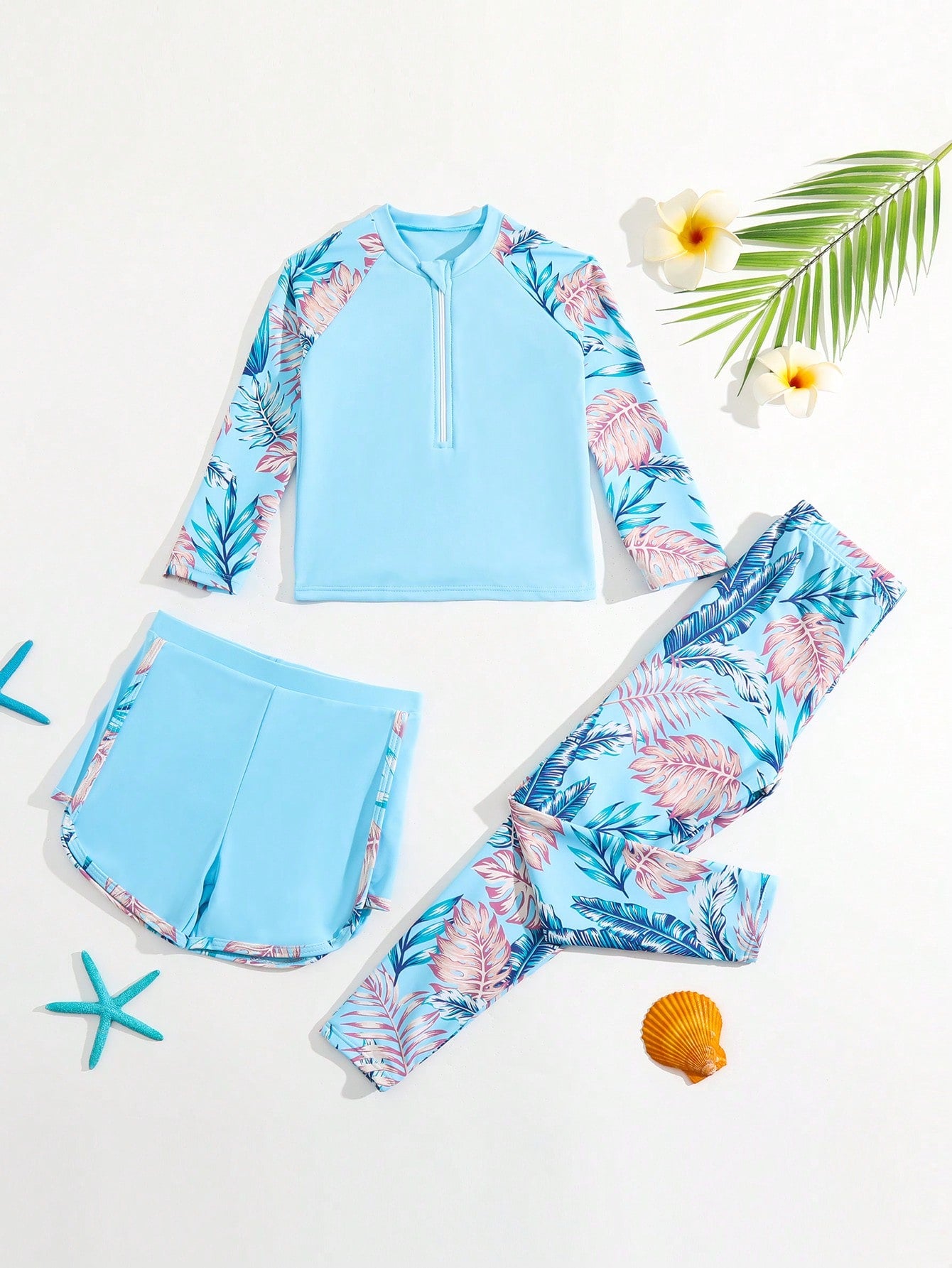 Young Girl Tropical Printed Spliced Swimsuit Three-Piece Set