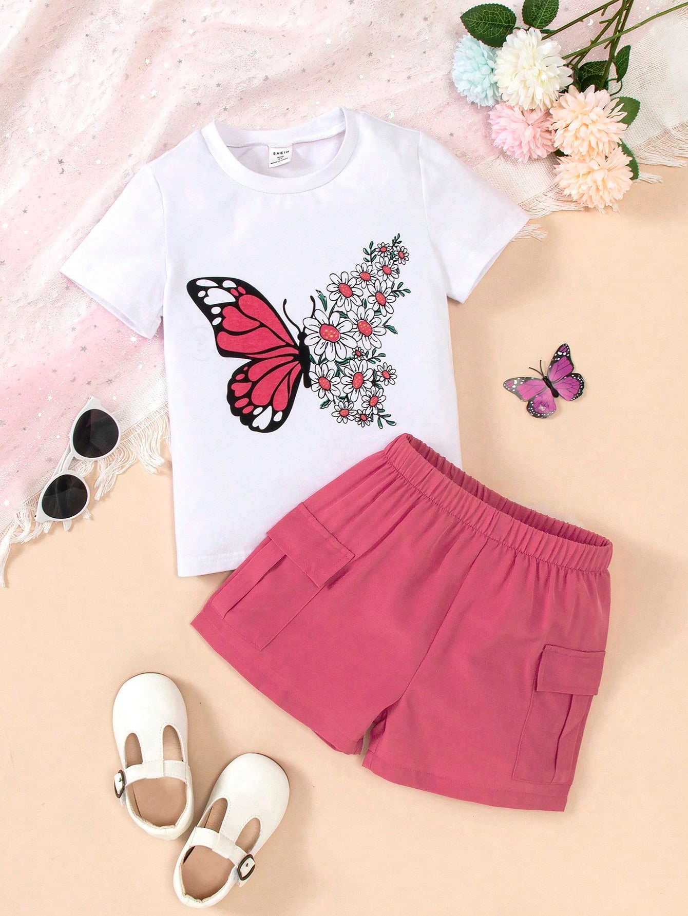 Young Girls' Beach Play Butterfly Printed Short Sleeve T-Shirt & Shorts 2pcs Set, Suitable For Parties And Beach Vacation, Summer