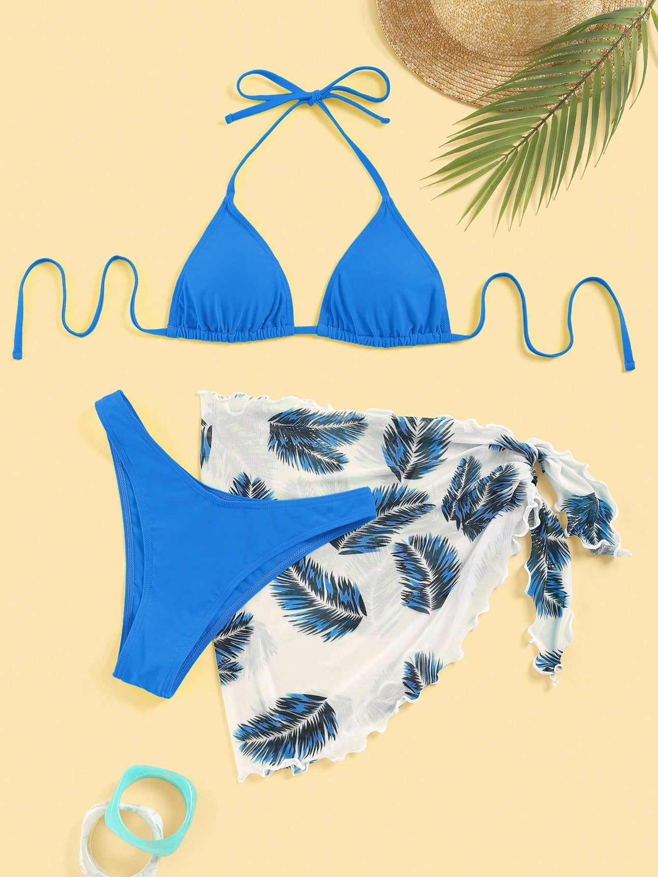 Swim Summer Beach Leaf Print Bikini Set Halter Triangle Bra & High Cut Bottom & Cover Up Skirt 3 Piece Bathing