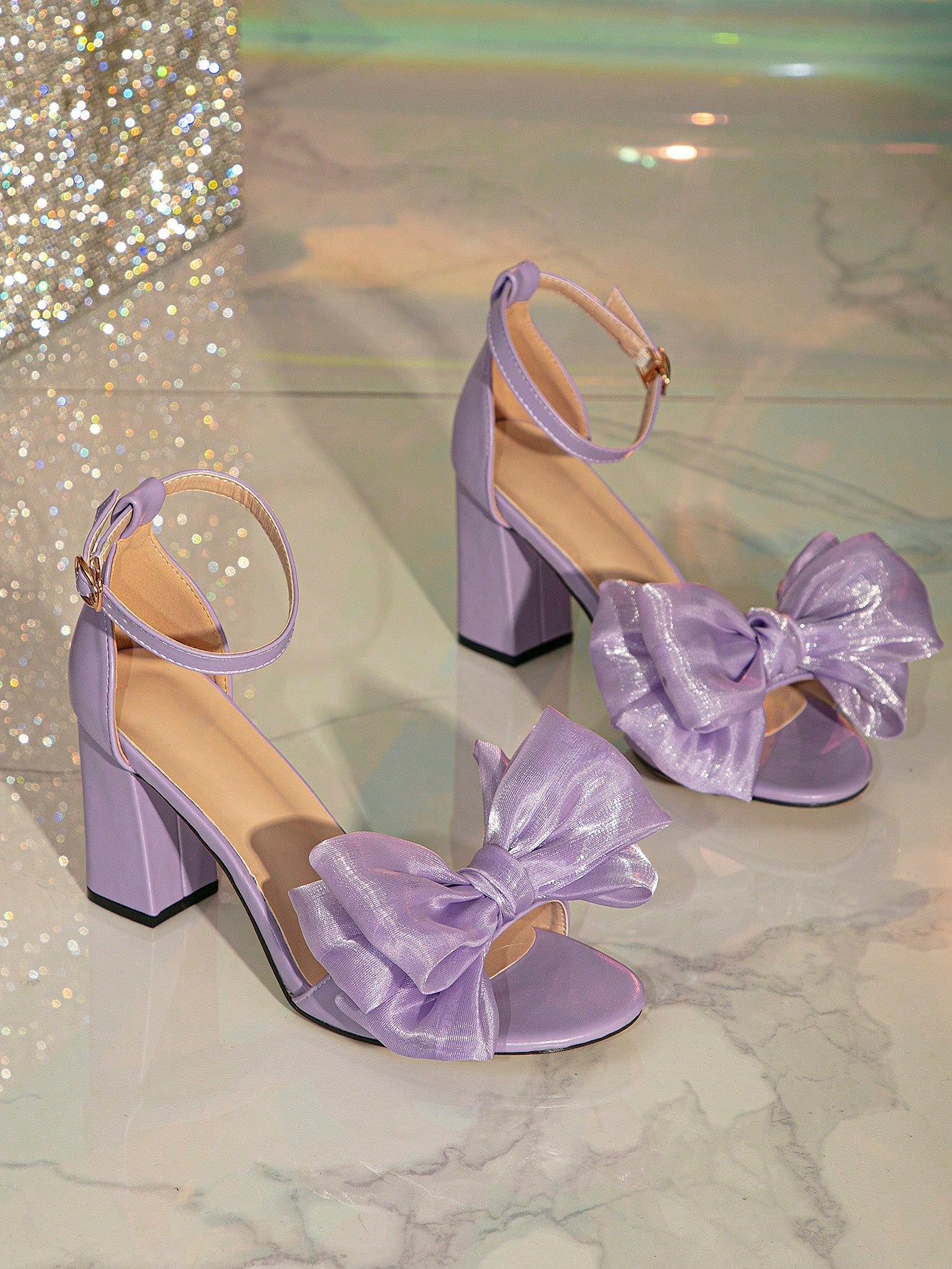 Fashion Purple Sandals For Women, Bow Decor Chunky Heeled Ankle Strap Sandals