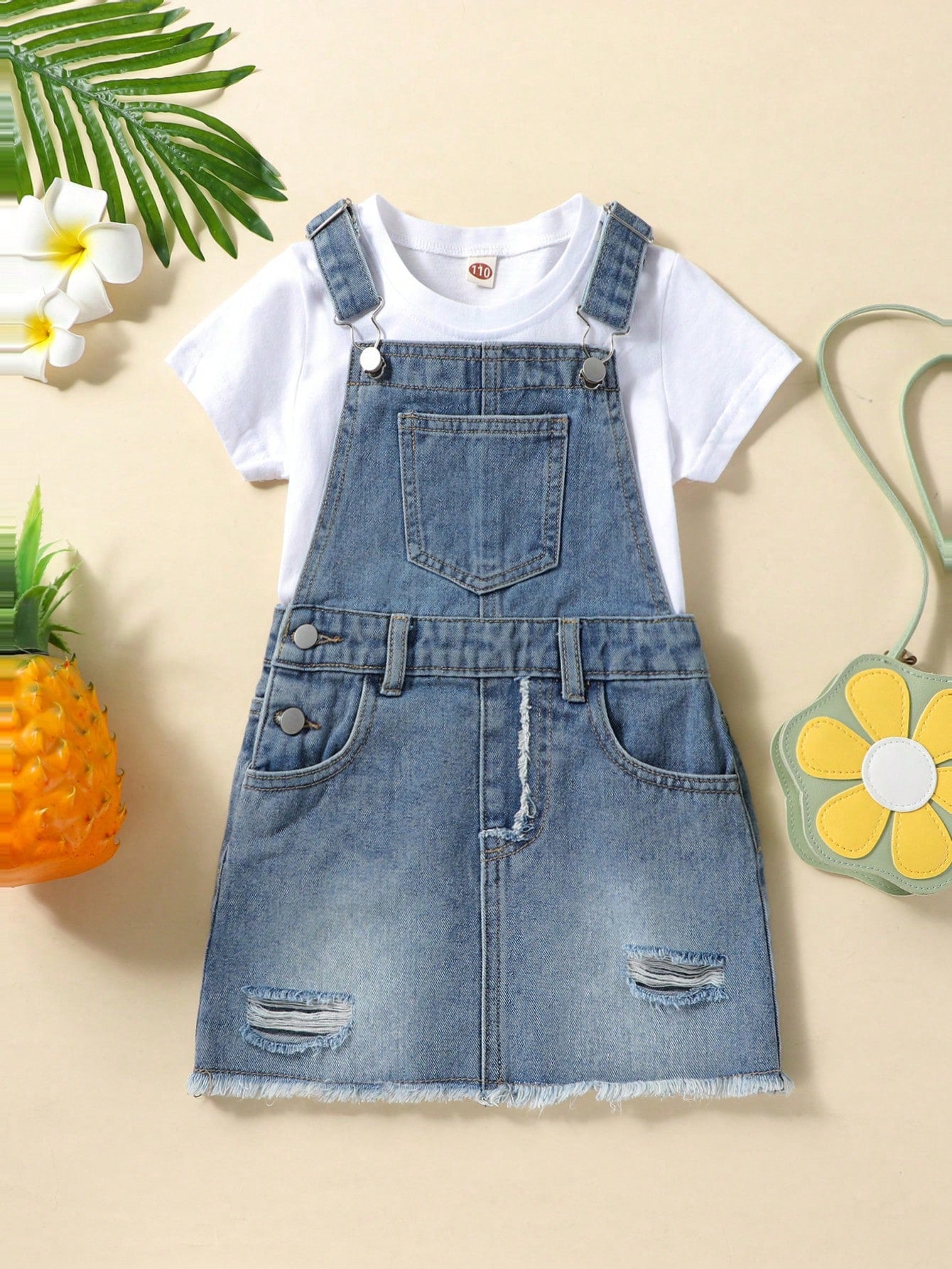 Young Girl Washed Ripped Raw Hem Short Denim Dress For Summer