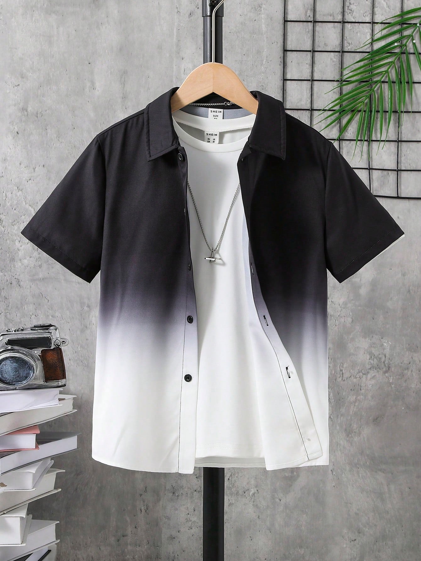 Tween Boy Vacation Style Gradient Print Turn-Down Collar Short Sleeve Woven Shirt