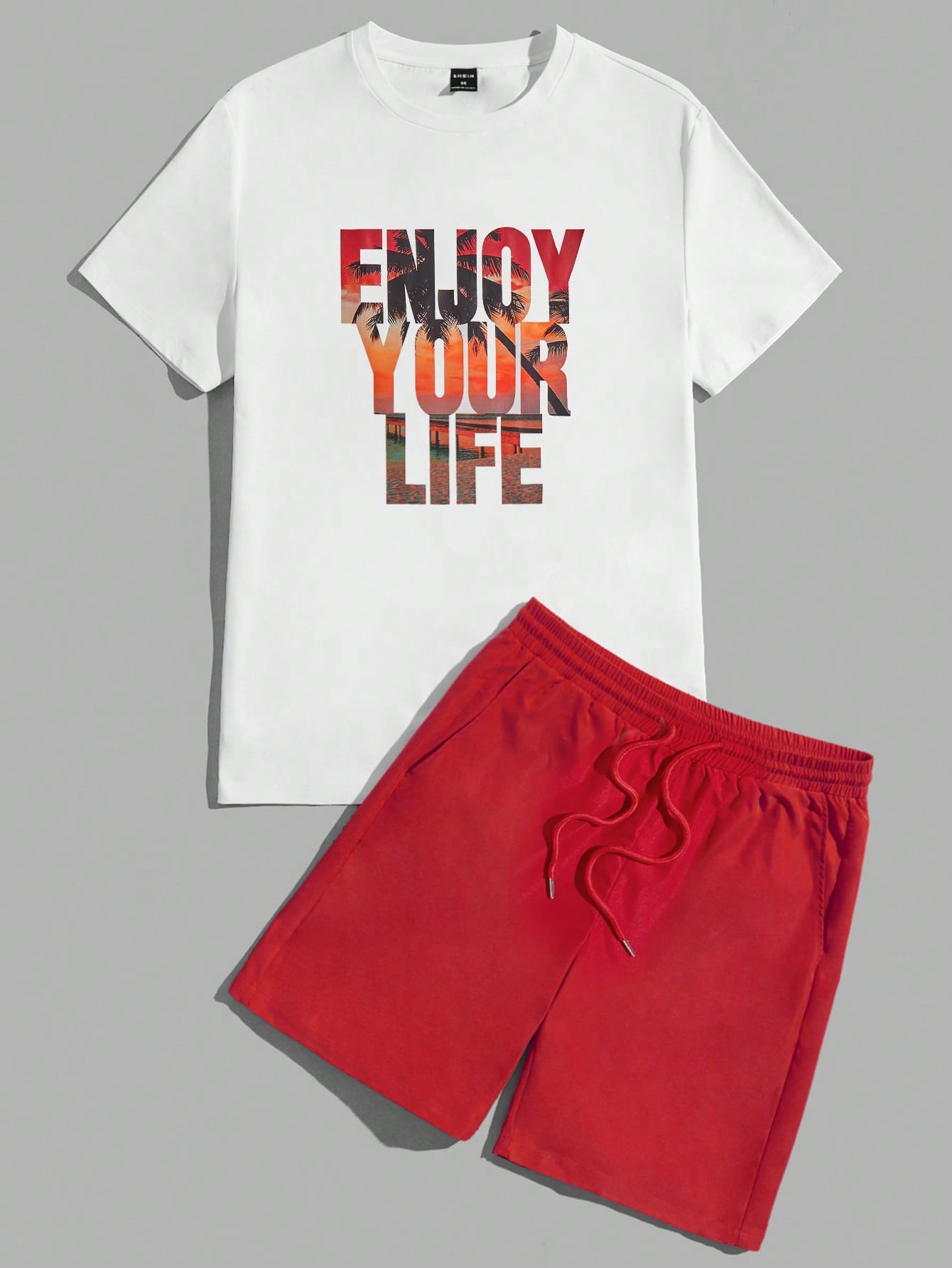 Men Cotton Scenery & Slogan Graphic Tee & Drawstring Waist Shorts