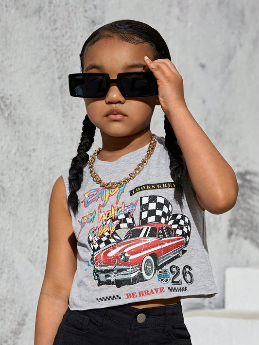 Young Girl Car & Letter Graphic Tank Top