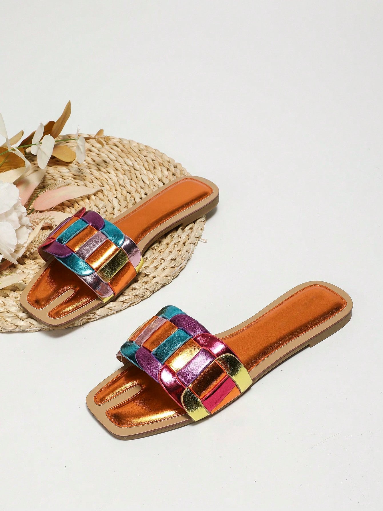 Fashionable Slide Sandals For Women, Colorblock Metallic Single Band Flat Sandals