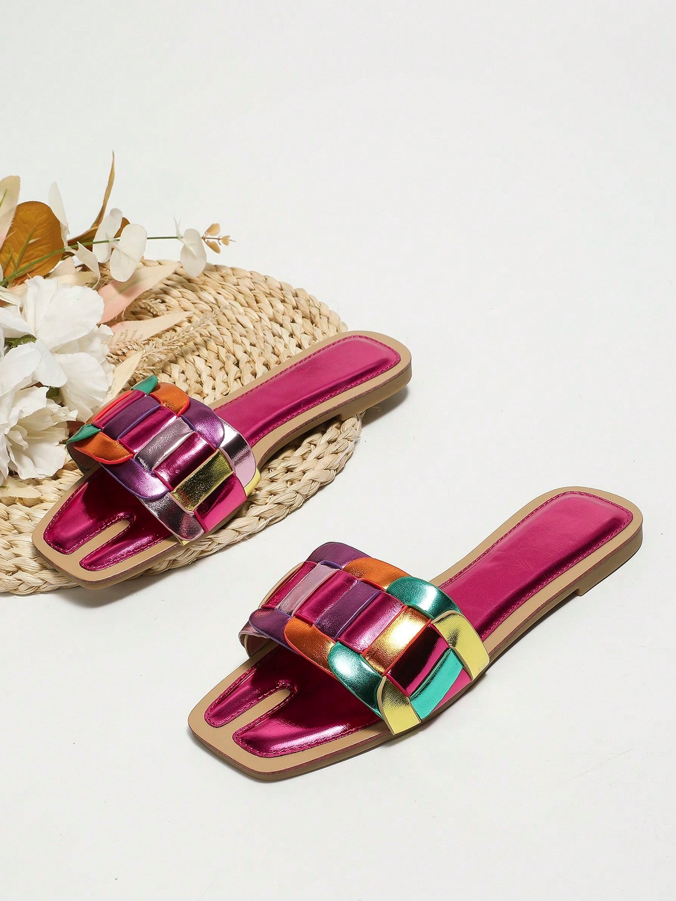 Fashionable Slide Sandals For Women, Colorblock Metallic Single Band Flat Sandals