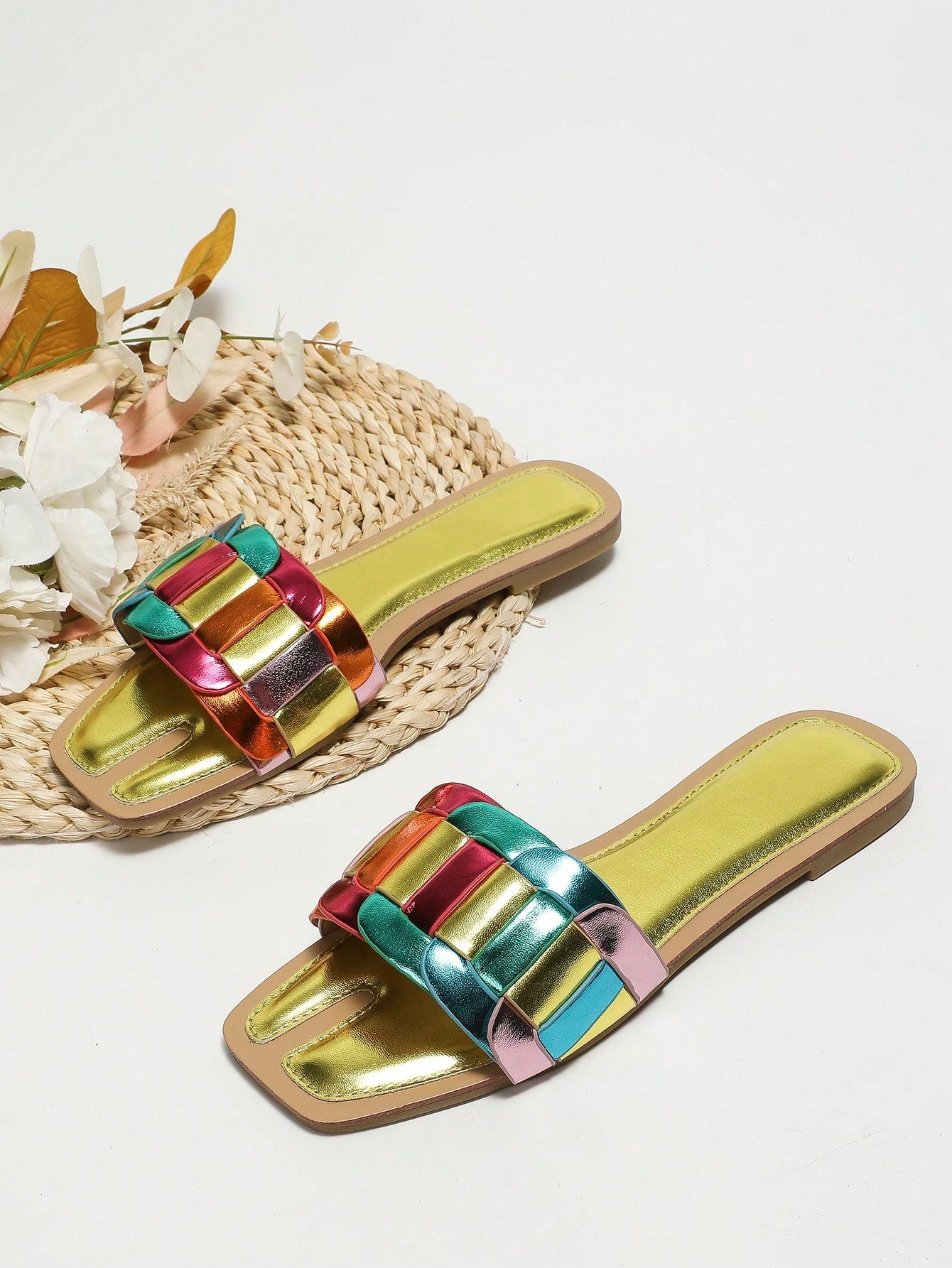 Fashionable Slide Sandals For Women, Colorblock Metallic Single Band Flat Sandals