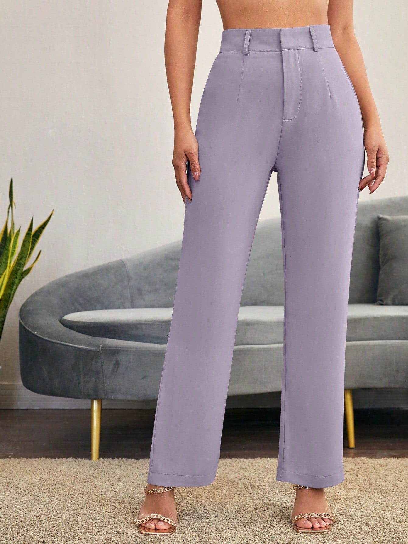 Solid High Rise Tailored Pants