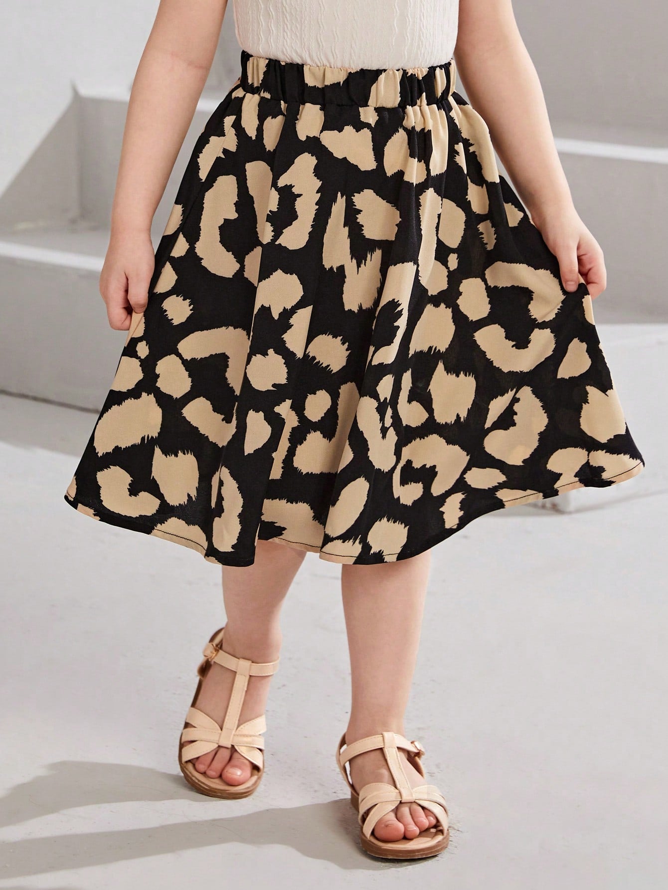 Young Girl's Versatile Retro Leopard Print Elastic Waist Flared Skirt For Summer