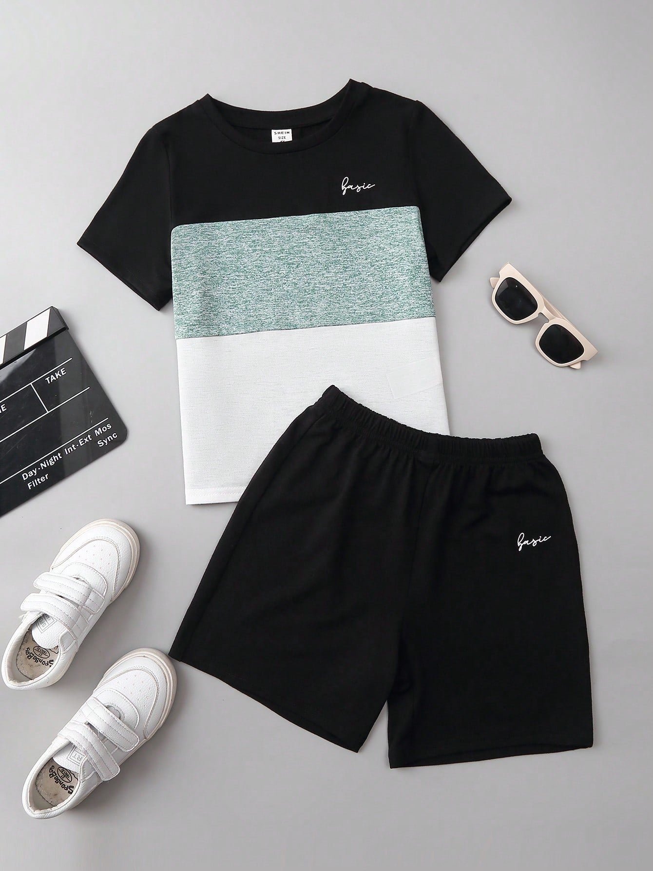 Young Boy Colorblock Letter Graphic Tee & Shorts