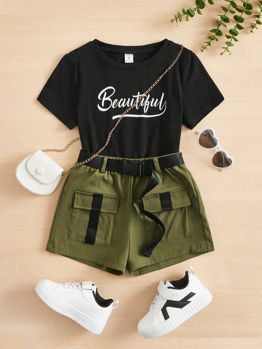 Tween Girl Letter Graphic Tee & Flap Pocket Belted Shorts