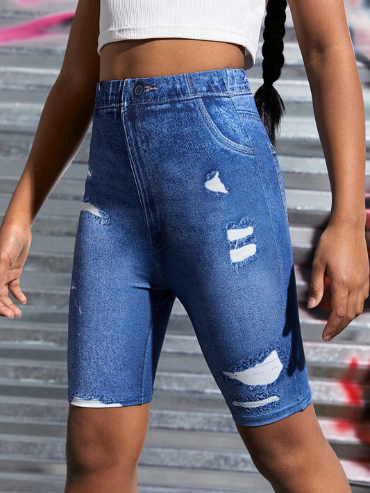 Tween Girl Denim-Effect Print Elastic Waist Biker Shorts