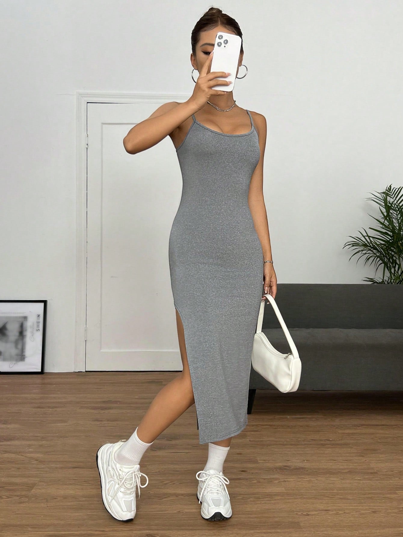 Solid Split Thigh Cami Dress