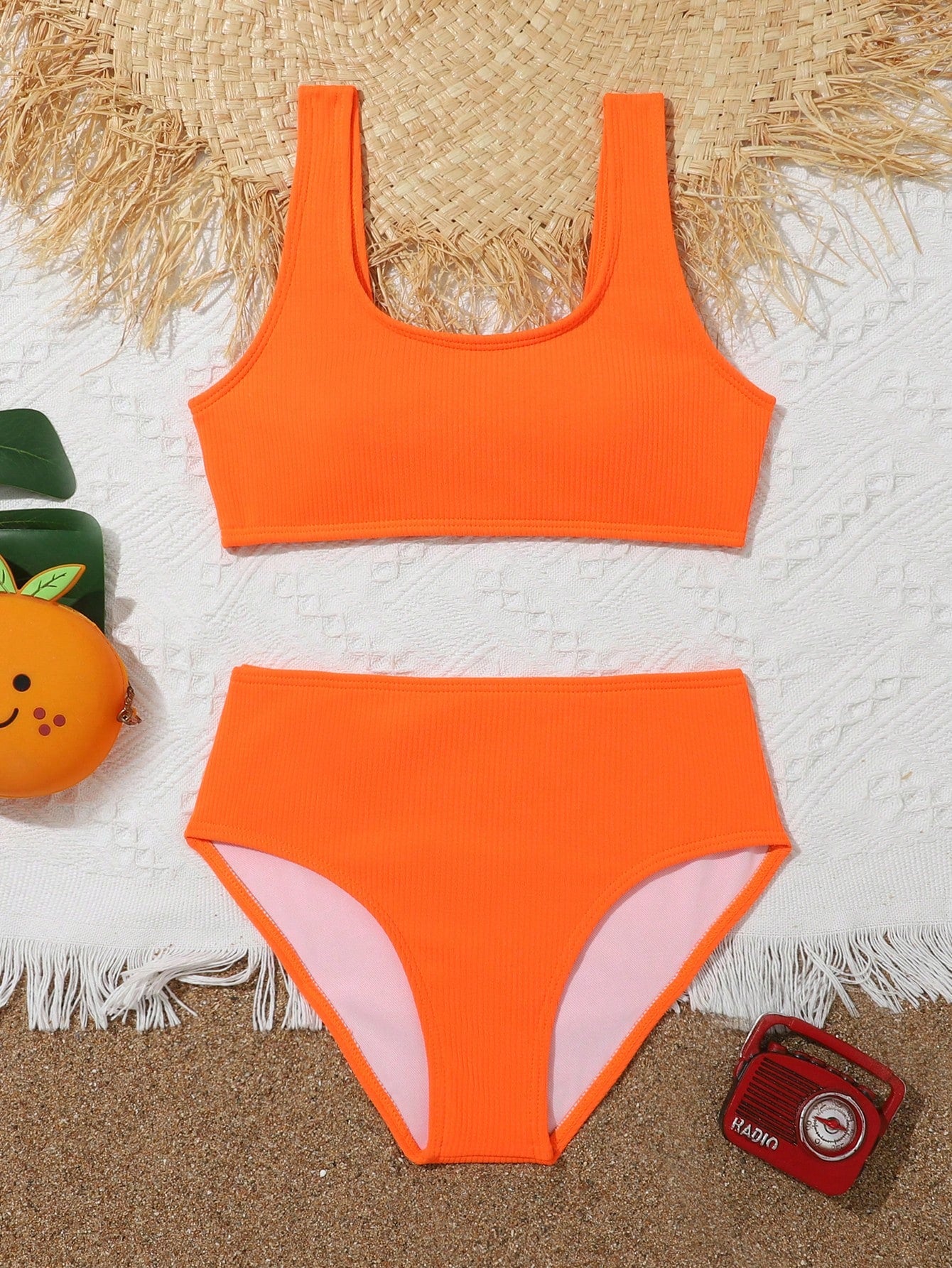 Tween Girl Neon Orange Summer Beach Wireless Bikini Set, Bathing Suit